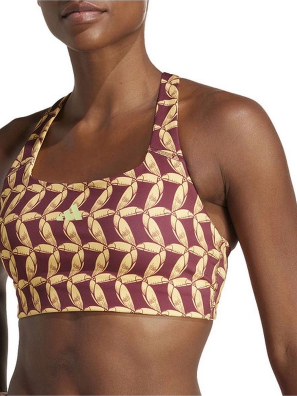 FARM Rio Adidas collaboration Maroon Sports Bra with Gold Leaf/Bird Print NWT
